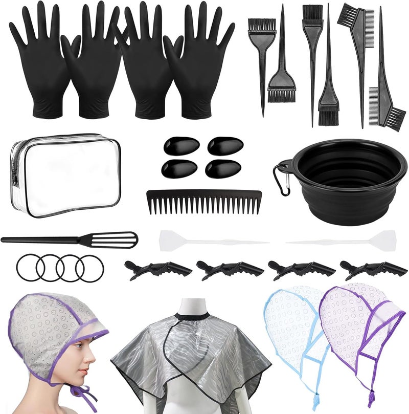DINTSTYLE 32 Pcs Hair Dye Coloring Kit,Hair Dye Tools for DIY Salon.Hair Dye Brush and Bowl Set/Highlighting Frosting Cap with Plastic Hooks/Dye Brush/Ear Cover/Gloves/Comb/Hairpin/Hair Coloring Cape(Black) - Image 1